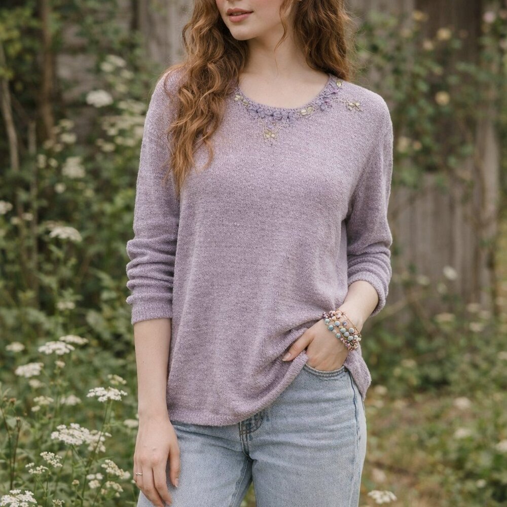 Vintage Susan Bristol Lilac Long Sleeve Top Embellishments Cottagecore Sz L